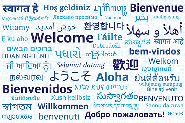 "Welcome" messages in different languages Composition of "Welcome" messages in world different written languages, Blue texts on White background